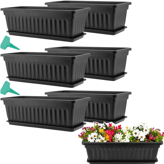 KEILEOHO 6 Pack 17 Inch Plastic Window Flower Box Planter, Rectangular Windowsill Planters with Trays and 30 Plant Labels, Countryside Flower Box Planter Plastic Vegetable Planters, Black