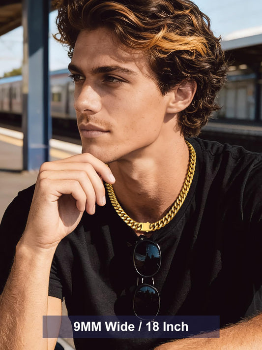 Bandmax Mens Stainless Steel Chain Necklaces 30 Inch 14K Gold Plated Big Chunky Heavy Metal Cuban Chain 9MM Wide Rapper Biker Miami Link Chain Old School Jewelry