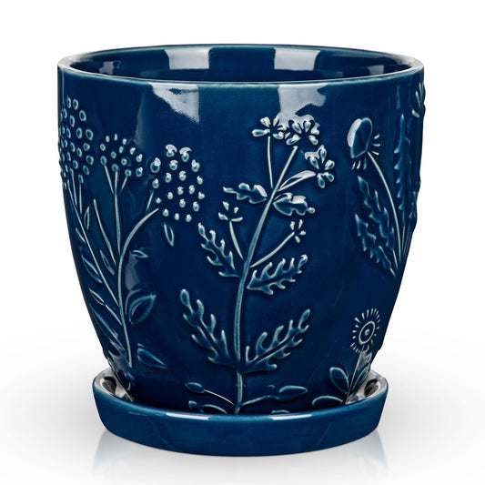 Hollyone 6 Inch Blue Ceramic Planter Flower Plant Pot with Drainage Hole and Saucer for Plants Embossed Indoor Outdoor Garden Embossed Ceramic Glazed Round Pot for Succulent Orchid Floral Pattern