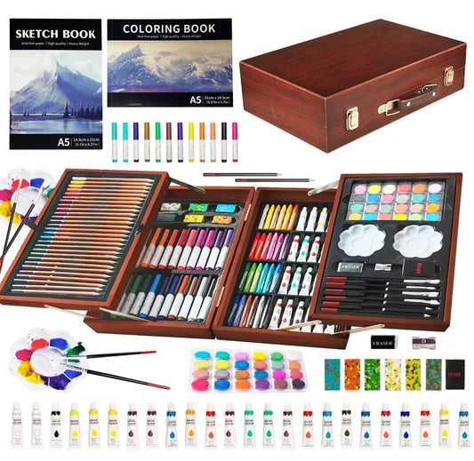 KINSPORY Art Sets, 139 Pack Painting Drawing Art Supplies Kit with 2 Sketch Pads, Deluxe Double Layers Crafts, Colored Pencils, Oil Pastels, Watercolor Paints, Gift for Artists Kids (Brown)