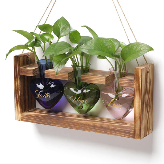 Plant Terrarium Propagation Stations Faith Hope Love Hydroponics Home Garden Decoration Gift for Women with Wooden Stand Heart Shaped Colored Glass Vase