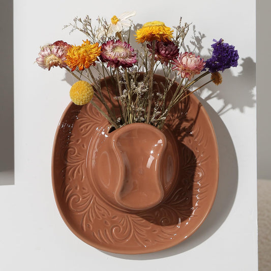 Hanging Wall Planters for Indoor Plants, Wall Vases for Flowers, Ceramic Cowboy Hat Vases for Decor, for Bathroom, Living Room, Office, and Home Decor. Brown