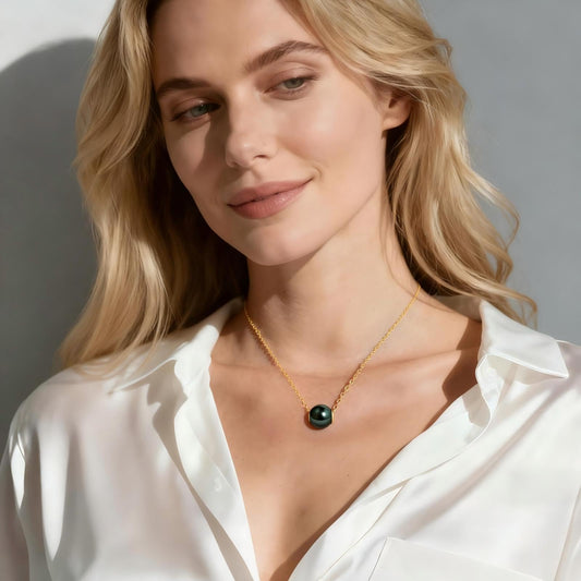 18K Solid Yellow Gold Tahitian Black Pearl Necklace with Sterling Silver Chain, AAAAA 9-10mm Seawater Pearls - Christmas Gift for Wife Mom, Unique Women Jewelry for Wedding Anniversary Birthday