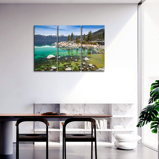 Lake Tahoe Wall Art Decor Clear Turquoise Water and Green Mountain Trees Forest in the California Canvas Pictures Artwork 3 Panel Landscape Painting Prints for Home Living Dining Room