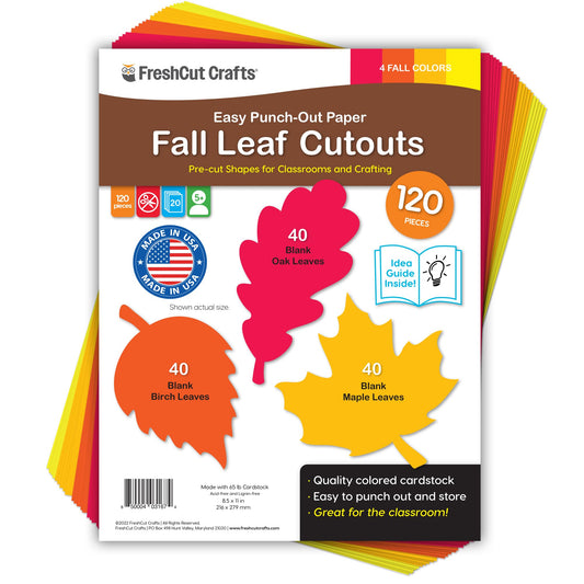 120 Pieces Fall Leaf Paper Cutouts with IDEA Guide, 2-Sided US Made Card Stock Punch Out Maple, Oak, and Birch Leaves for Bulletin Boards, Classroom Decor, Autumn Crafts, DIY Scrapbook, and Posters
