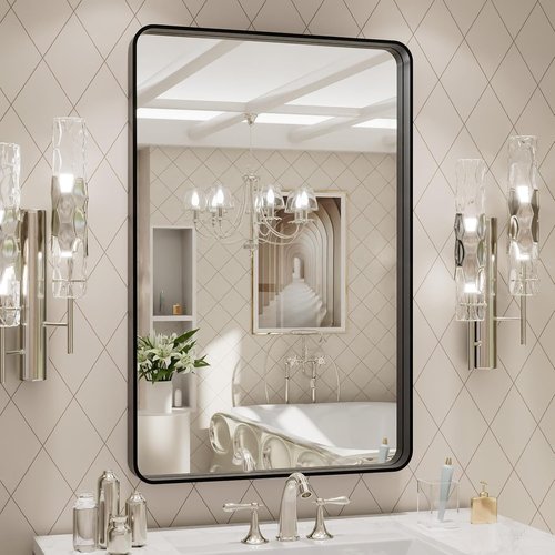 LOAAO Black Metal Framed Bathroom Mirror - 20x30 Inch Rounded Rectangle | Anti-Rust, Versatile Hanging Options