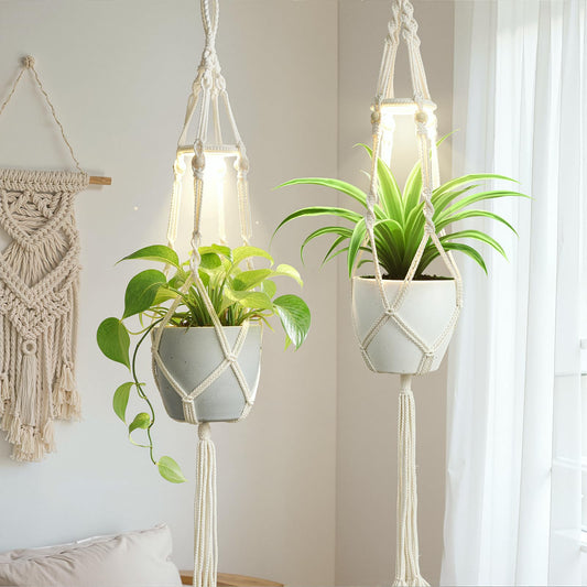 MSFON 2 Pack Macrame Plant Hanger with Grow Light: Sturdy Hanging Planters for Indoor Plants, Cute Plant Holder with Plant Light, Fits 5–9 Inch Pots (Daylight Spectrum)