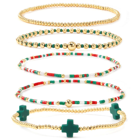 Bohxantium Christmas Bracelets Stack for Women Red Green White 14K Gold Plated Beaded Ball Stretch Stackable Small Seed Beads Cross Bracelet Trendy Jewelry Accessories Christian Friendship Xmas Gifts