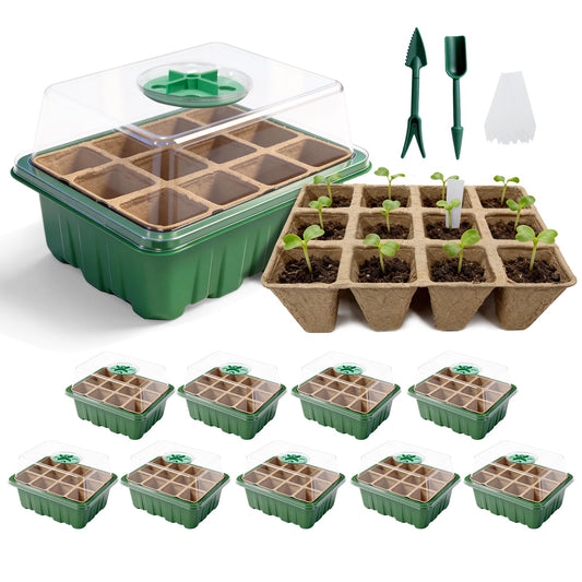 Bhyhok Seed Starter Tray Kit 10 Pack, Seed Starting Trays with Humidity Dome (120 Cells Total), Plant Germination Trays Complete Mini Greenhouse for Seed Growing & Seedlings