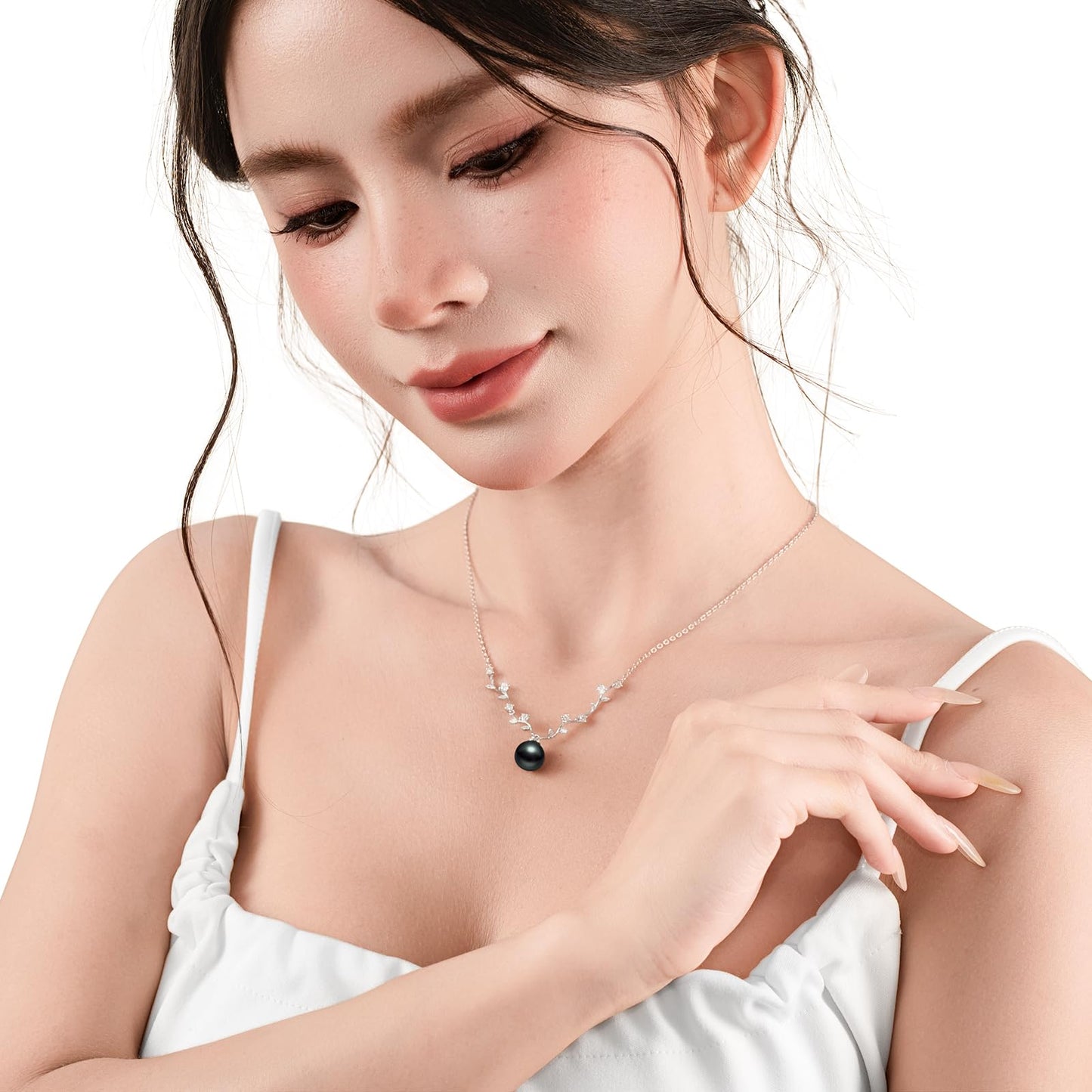 Gifts For Wife Wedding Anniversary Genuine Tahitian Black Pearl Necklace for Birthday Mothers Day Christmas, 9-10mm AAAAA Seawater Pearl Sterling Silver Moissanite Pendant