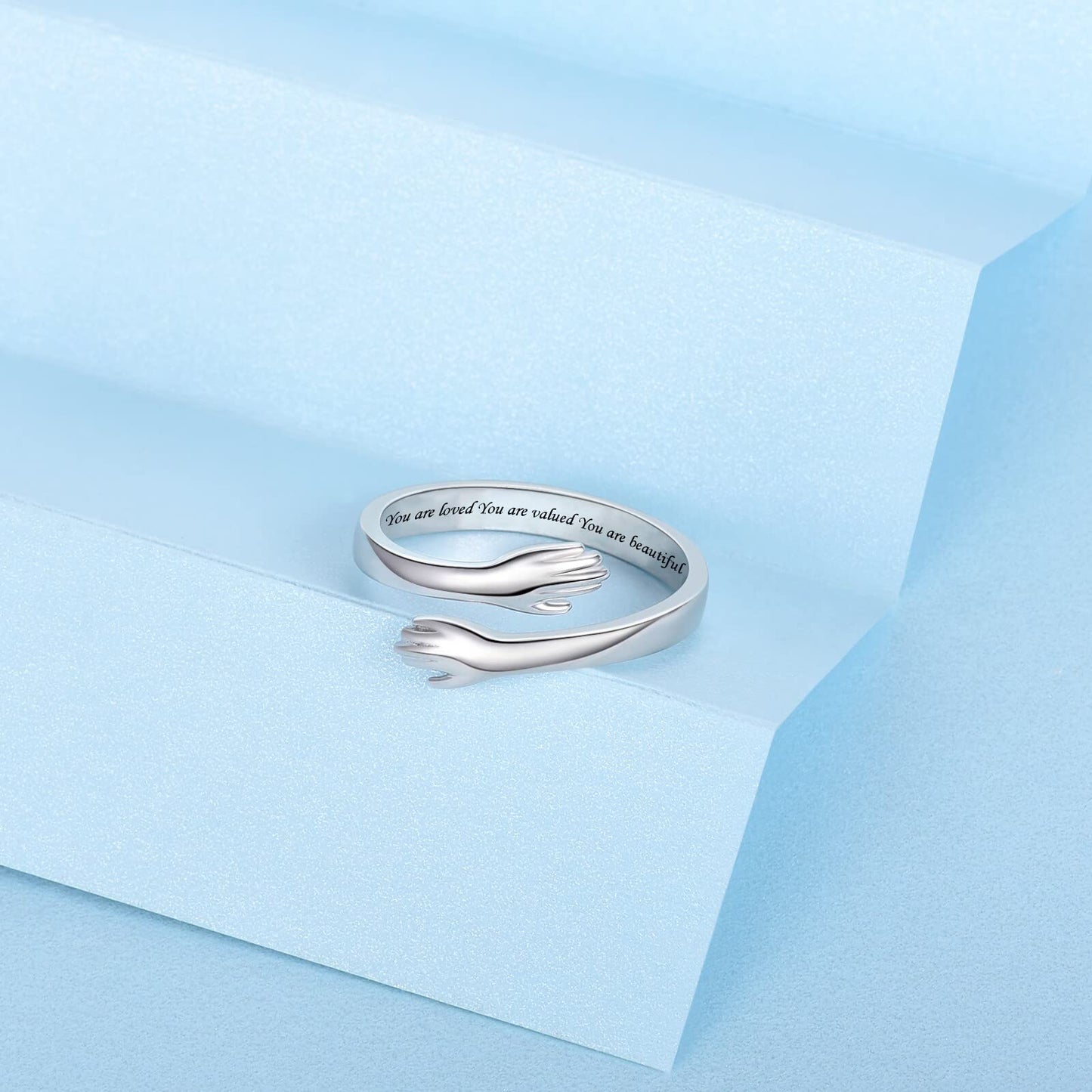 ACJFA Hug Rings for Women Sterling Silver Adjustable Ring for Women Daughter Hand Ring Jewelry for Birthday Gifts Holiday Gift for Teens(You are loved You are valued You are beautiful)