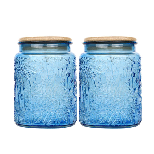 Custde Glass Storage Jars With Airtight Lid, 23.7oz Canister For Kitchen Counter with Bamboo Lid, brown sugar, candy, coffee, cookie, salt, tea,pantry cute Jar (Blue 2-Pack, 23.7 fl oz)