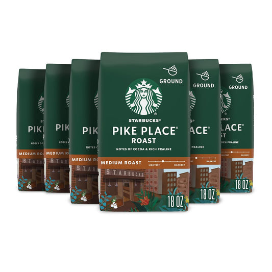Starbucks Ground Coffee - Medium Roast Pike Place Roast | Six 18 oz Bags for Hot or Iced Coffee
