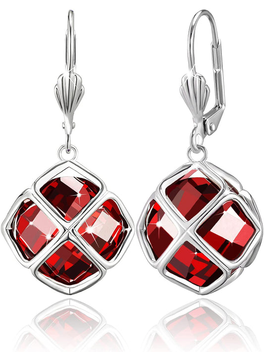 Big Dark Red Crystal Dangle Earrings for Women (Jan-Garnet-White Gold)