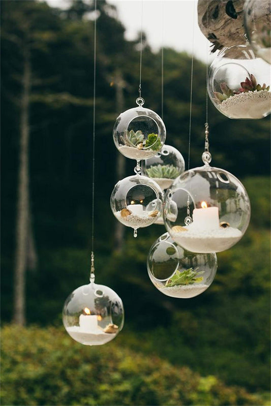 Ecosides Pack of 12 Hanging Glass Orbs Hanging Glass Globe Terrariums with 2 Side Hole for Candle Holder, TeaLight Holder Candlestick for Wedding Decor