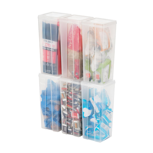 IRIS USA Vertical Plastic Flip Top Storage Containers Bins with Lids for Pantry, Home, Office, Organization, Large, Stackable Hinged Organizer with Latches, Clear, 6 Pack