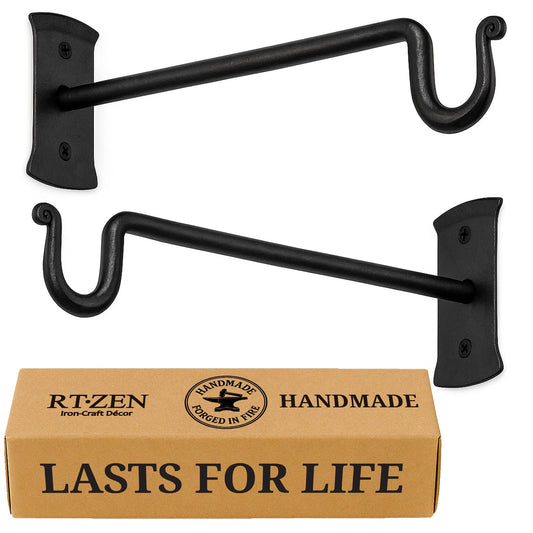 RTZEN Plant Hangers Outdoor or Indoor - Wrought Iron Metal Hanger Indoor Hook - Heavy Duty Wall Bracket Hooks for Hanging Plants Baskets Lanterns Wind Chimes - 2 Pack (Black Shepherds Hooks 10")