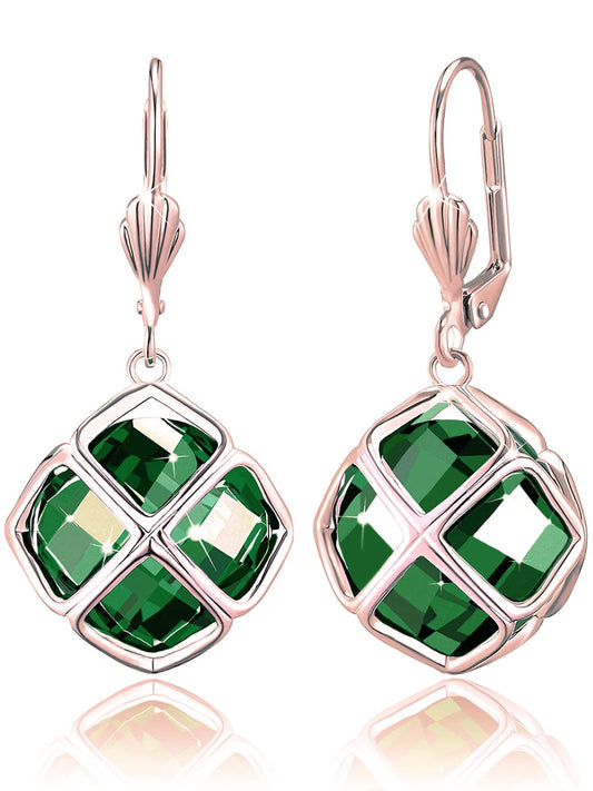Big Dark Green Crystal Dangle Earrings for Women (May-Emerald-Rose Gold)