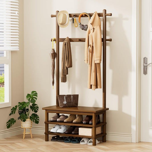 Wamhom Hall Tree, 3-in-1 Entryway Bench with Coat Rack, 11 Hooks and 2-Tier Hall Tree with Shoe Storage Bench, Solid Wood Coat Rack Freestanding, 27.2" Long