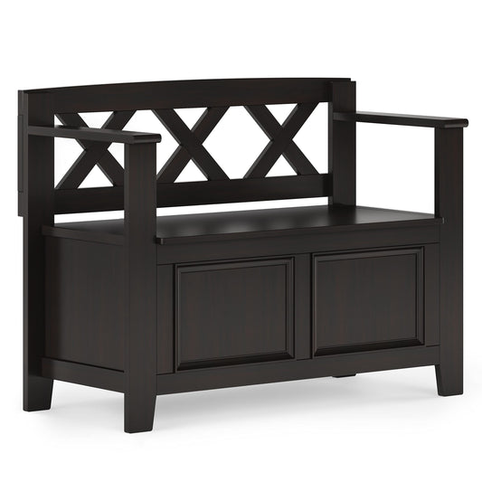 SIMPLIHOME Amherst Entryway Storage Bench - 36 inch Wide Solid Wood Hallway Bench in Hickory Brown, Transitional Bench for Entry or Mudroom with Lift-Up Lid, Storage Compartments and X-Back Detail