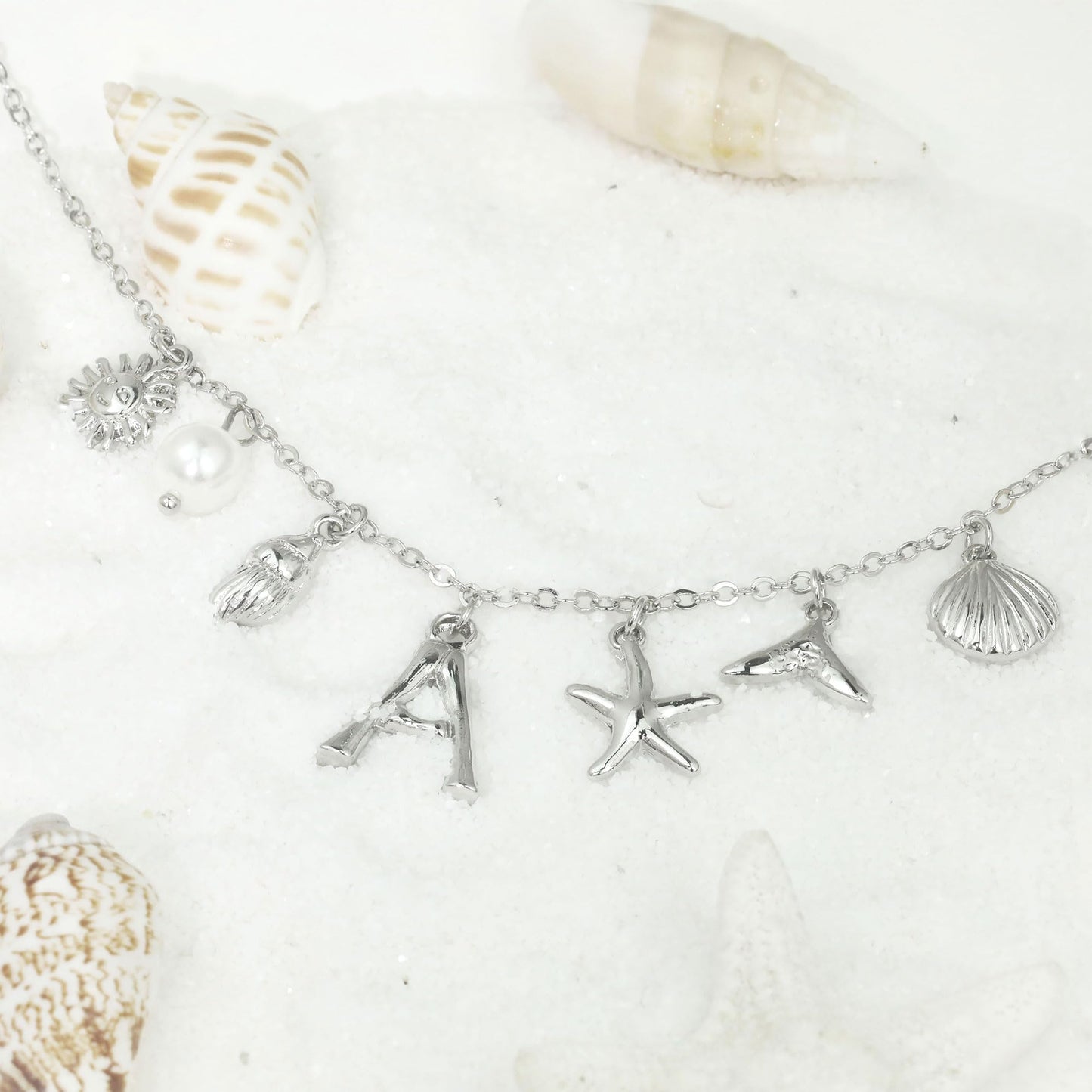 JALZEMPL Initial Charm Necklace For Women Seashell Shell Letter Boho Summer Beach Starfish 14k Gold Plated Silver Pendant Surfer Jewelry Gifts (K,Silver)