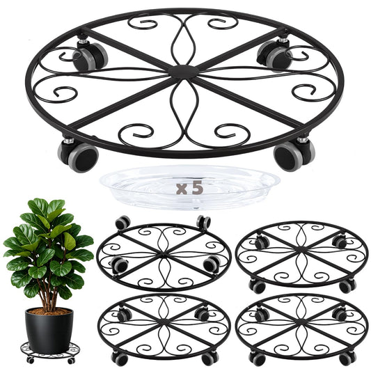 5 Pack Plant Caddy with Wheels Heavy Duty 16 Inch Large Metal Plant Stand with Wheels Plant dolly Rolling Plant Stand Plant Roller with Casters for Indoor and Outdoor with 5 Pack Plant Saucers, Black
