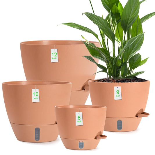 YUNLINGAA 4 Pack Plant Pots,12/10/9/8/ Inch Self Watering Pots for Indoor/Outdoor Plants Deep Reservoir,Nursery Planting Pot for Indoor Out Door Plants (Terracotta,12/10/9/8/ Inch)