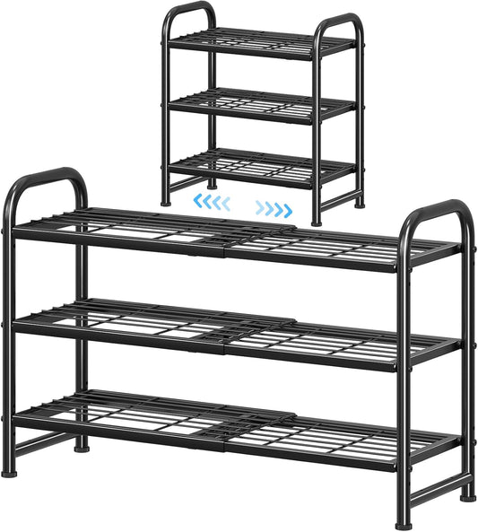 Simple Trending 3-Tier Expandable Shoe Rack - Stackable Metal Organizer for Closet & Entryway, Black