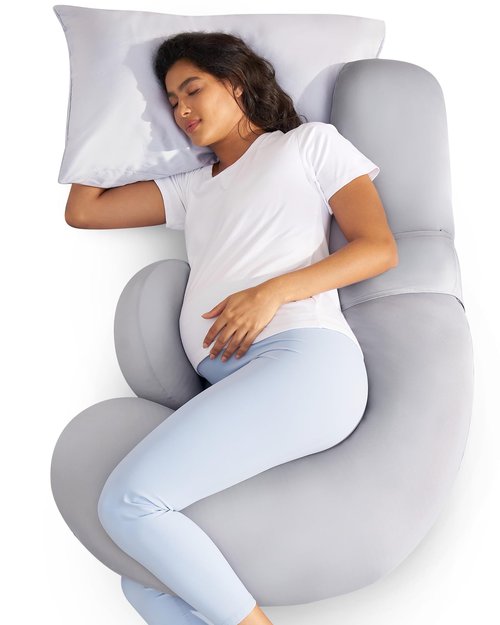 Momcozy Cooling Pregnancy Pillow,Original F Shaped Maternity Pillow for Pregnant Women with Adjustable Wedge Pillow, Full Body Support Pregnancy Pillows for Side Sleeping with Velvet Cover, Light Grey