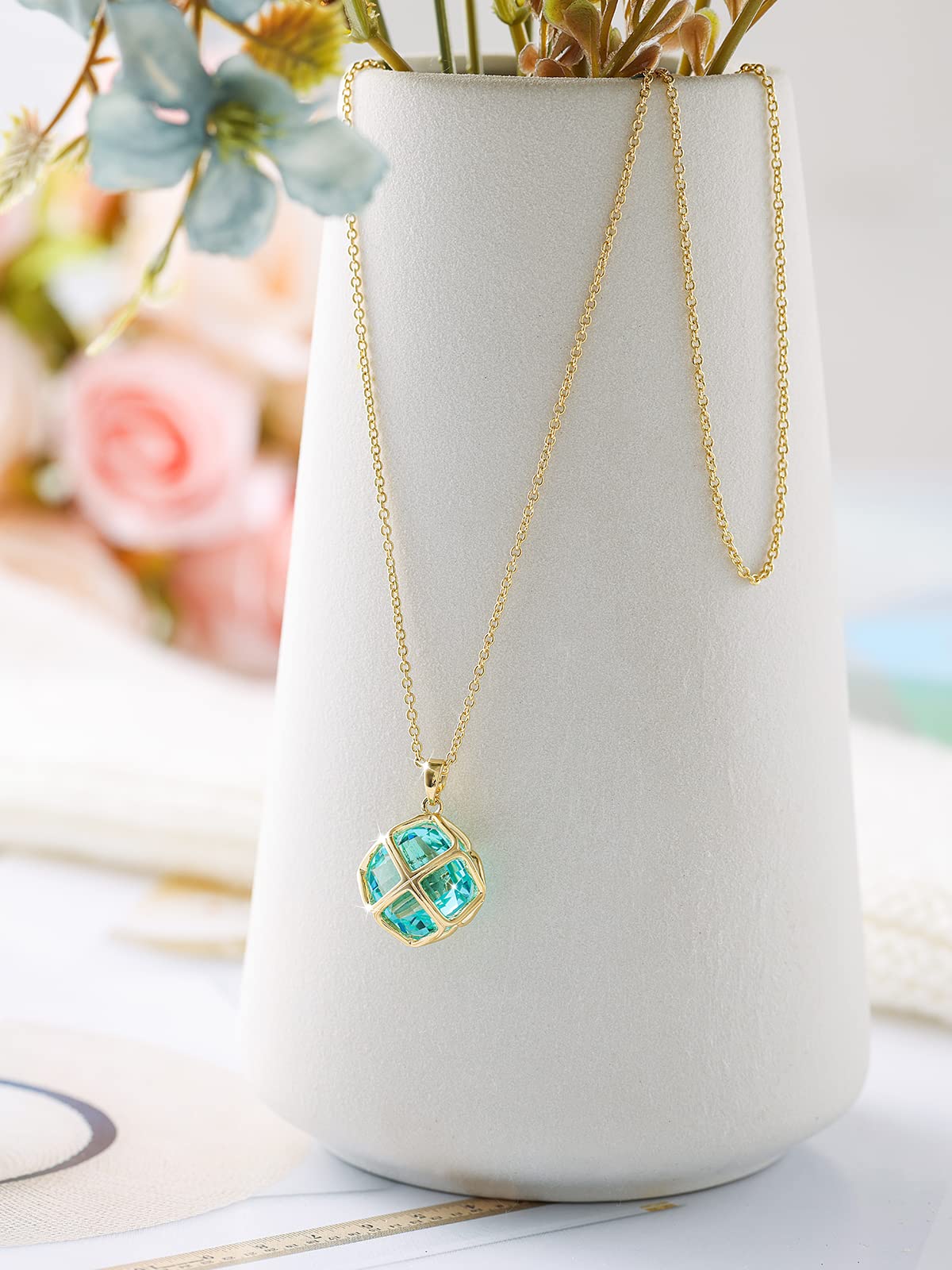 Qinpan 14MM Crystal Pendant Dangle Necklace Earrings Sets for Women Glod Plated Costume Jewelry, 38*17.8mm, Platinum, Aquamarine