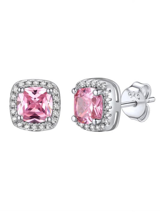 Bestyle Emerald Cut Pink Gemstone Tourmaline Earrings White Gold Vermeil Sterling Silver Sparkle Small Silver Studs Birthstone Earrings for Women Mothers Day Gifts for Wife Mom