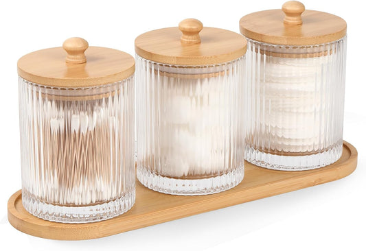 Skiennix 3-Pack Qtip Holder - Stylish Bathroom Organizers with Tray for Cotton Swabs & Balls
