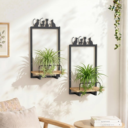 Shineled Wall Planter for Indoor Plants 2 Pack, Wall Mounted Plant Holder for Small Plants, Floating Wall Shelf for Plants, Real Oak Wood, Magnetic Animal Decor, Home Wall Decor (Cat)