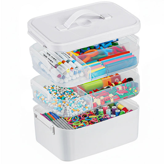 3-Layer Plastic Craft Organizers and Storage Box with Removable Trays, Storage Containers with lids and Handle, Art Supply Storage Organizer for Bead, Ornament, Nail Polish, Tape（10.62" x9"x7.67"）
