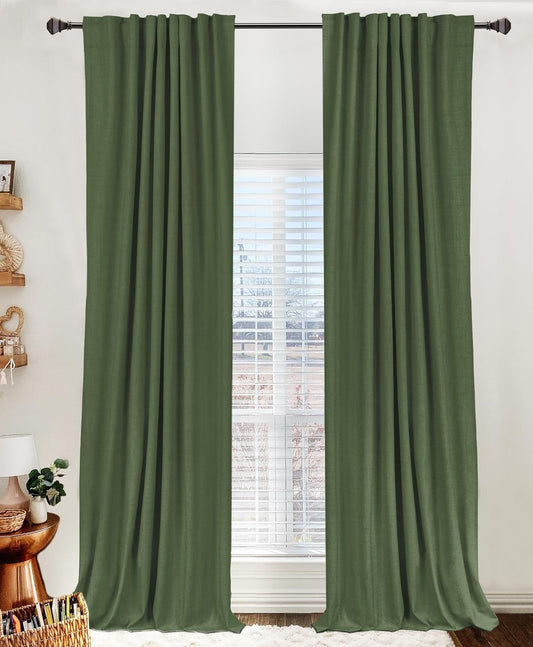 Skiennix 100% Blackout Linen Curtains - Thermal Insulated Drapes for Bedroom | Moss Green, 50" W x 108" L, 2 Panels Set