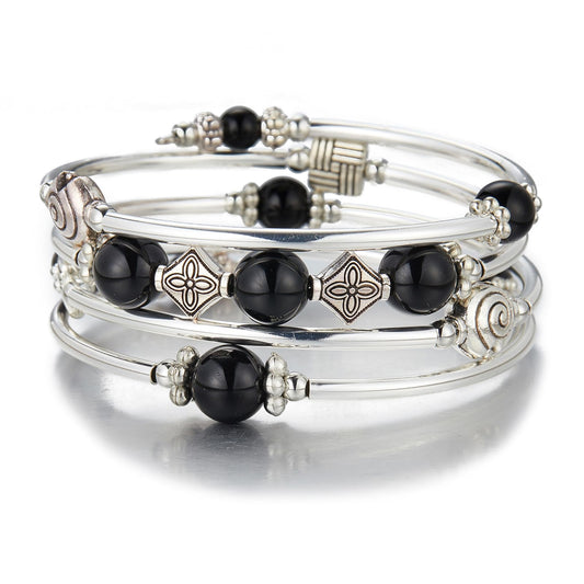 Beaded Pearl Bangle Wrap Bracelet - Fashion Bohemian Jewelry Multilayer Charm Bracelet with Thick Silver Metal Beads, Gift For Women(Black)