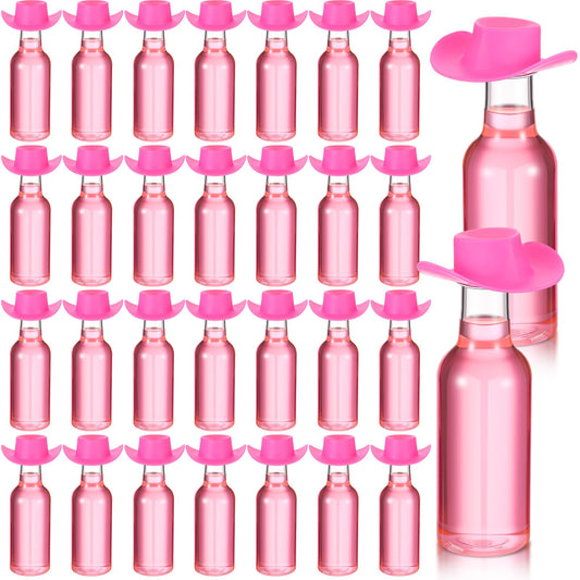 Baderke 30 Packs 1. 7 oz Mini Liquor Bottles with Caps and Mini Cowboy Hats Plastic Shot Bottles with Cap and Cowgirl Hat for Birthday Wedding West Cowboy Bachelorette Party