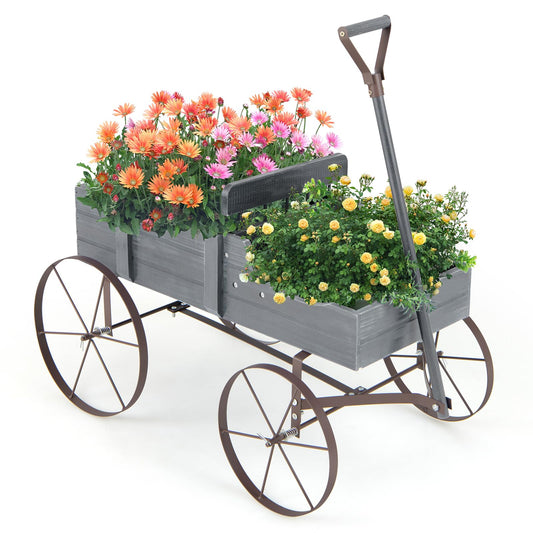 Giantex Decorative Garden Planter, Small Wagon Cart with Metal Wheels, Wood Raised Beds Plant Pot Stand for Backyard Garden Patio 24.5”Lx13.5”Wx24”H (Gray)