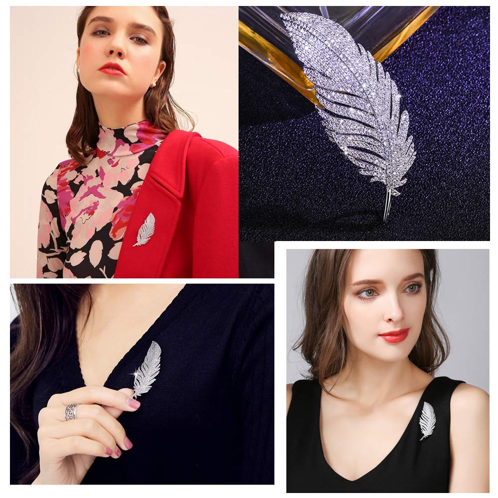 Rhinestone Feather Brooches Pin for Women Men Fashion Crystal Delicate Leaf Brooch Lapel Pins Elegant Dress Accessories Jewelry Boutonniere Corsage for Hat Bag Suit Tie Wedding Birthday