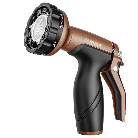 FANHAO Metal Garden Hose Nozzle, Heavy Duty Water Hose Sprayer with 6 Spray Patterns, High Pressure Water Hose Nozzle with Rear Trigger, Ideal for Outdoor Lawn & Plant Watering, Car & Pet Washing