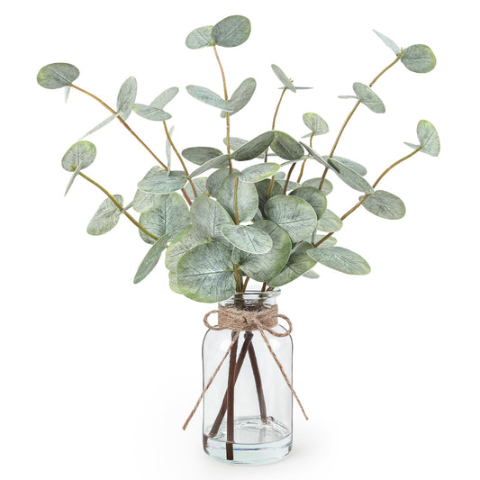 Bessol Artificial Eucalyptus Stems in Glass Vase with Faux Water, 13.5" Fake Plants for Home Decor, Coffee Table Centerpieces, Office, Bathroom & Farmhouse Weddings - Faux Greenery Plants Decorations