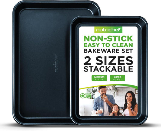 NutriChef Non-Stick Cookie Sheet Baking Pans - 2-Piece Oven Trays with Superior Coating | 15" x 11" & 13" x 9" Sizes, Dishwasher Safe