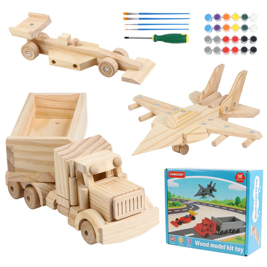 VOMOCNET 3 Pack DIY Wooden Model Building Kit, Includes Fighter Jet, Truck, Race Car, Paint Your Own Arts and Crafts, STEM Toys Birthday Gifts for Boys Girls