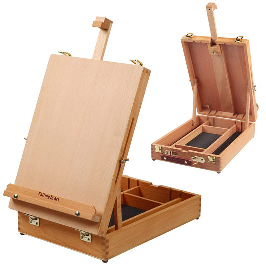 Falling in Art Wooden Tabletop Easel, Beech Wood Sketchbox Desktop Easel for Painting, Portable Art Drawing Easel for Beginners and Professionals