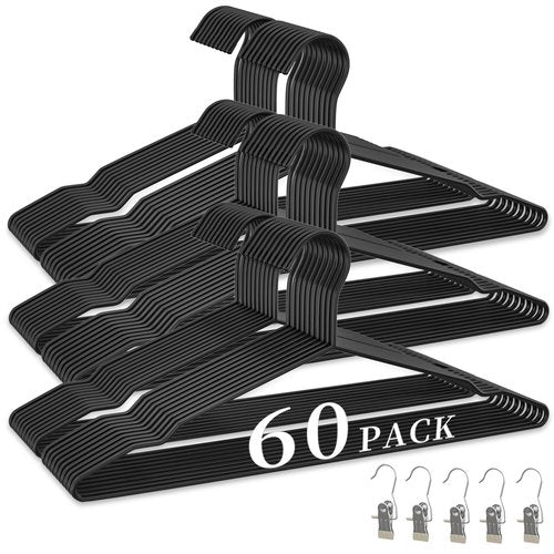 60Pack Metal Wire Hangers+5 Clothes Pins, 16.5" Wire Clothes Hangers for Standard Sized Shirt, Suits, Jackets, Skirts, Ultra Thin Space Saving, Bulk for Home and Commercial