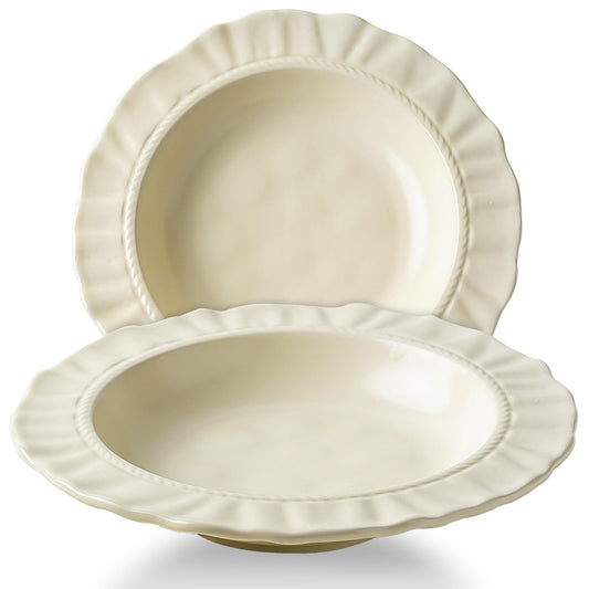 COIKZLY Ceramic Soup Bowls 8.6 in, Pasta Bowls & Plates, Cream color Floral-Embossed Wide Rim Shallow Bowls Set of 2, Italian Carving Design, Matte Finish Porcelain, Microwave & Dishwasher Safe