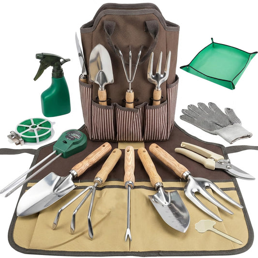 Beswill 14 PCS Garden Tool Set with Soil Moisture Meter, Stainless Stell Heavy Duty Gardening Hand Tools with Wood Handle, Tote Bag, Repotting Mat, Gardening Tool Set Ideal Gift for Women and Men