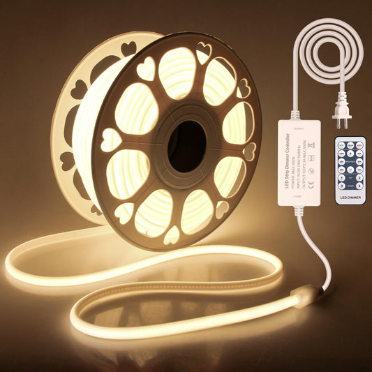 Samsion 100FT COB Led Rope Lights Outdoor Led Strip Lights Waterproof AC 110V~120V Warm White 3000K Super Brightness Flex Cob Light for Garden Patio Building Commerical Dimmable with Remote Controller