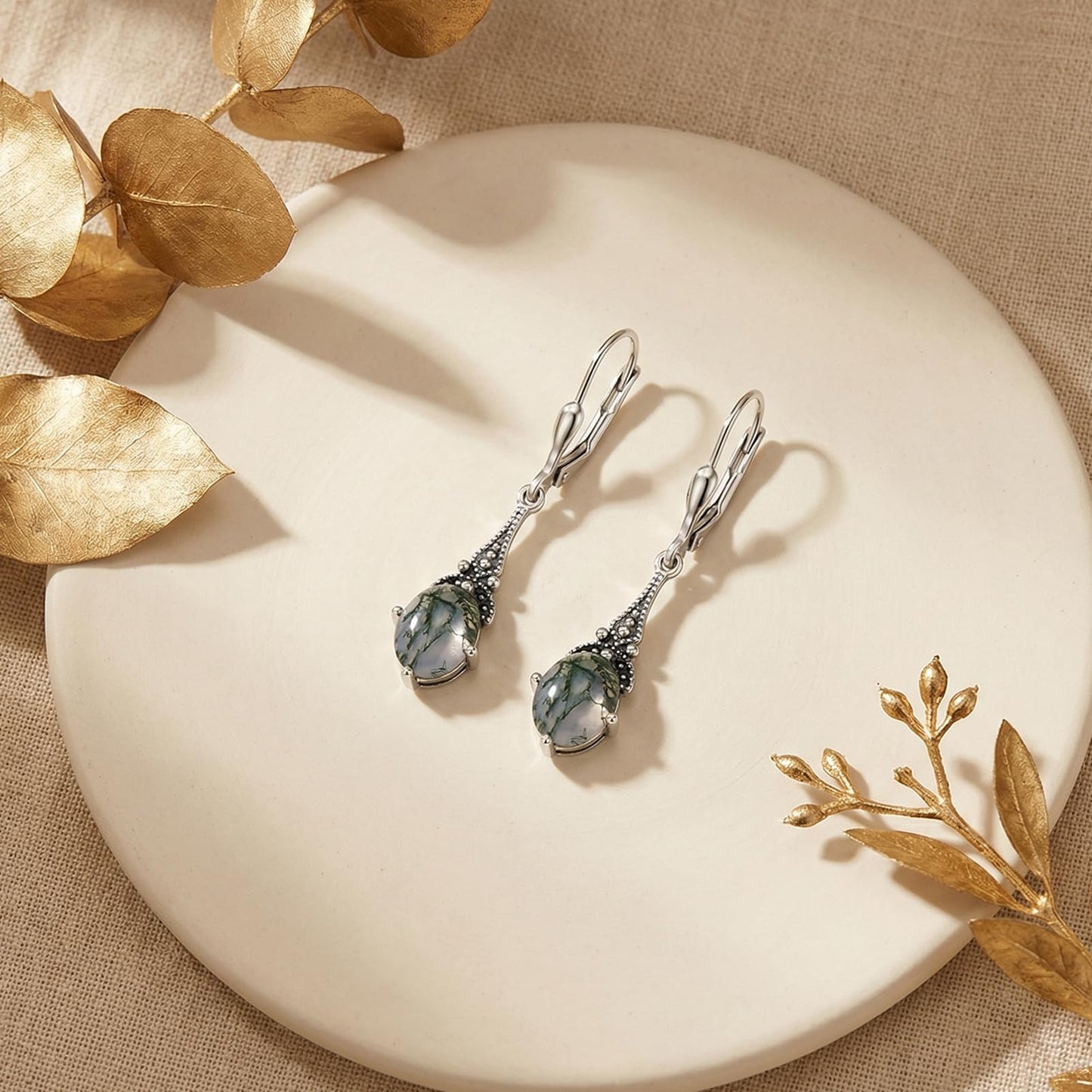 Moss Agate Earrings 925 Sterling Silver Vintage Leverback Drop Dangle Earrings, Christmas Birthday Jewelry Earrings Gifts for Women