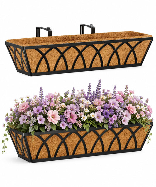 Railing Planter Boxes 24 Inch 2 Pack, Heavy Duty Adjustable Hanging Planters with Coco Liners, 2-in-1 Balcony Planters for Deck Porch Patio Garden